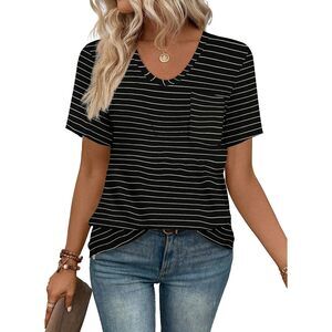 Woman Short Sleeve Tshirts Casual Summer Clothes Black and White Striped